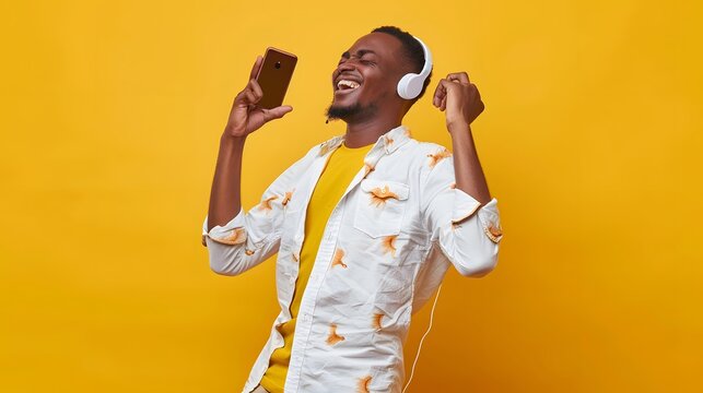 Cheerful man with mobile phone dancing while listening music through headphones against yellow background. 