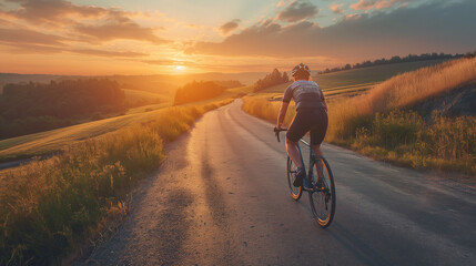 Fototapeta premium Cyclist on a rural road, expansive countryside view