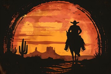 Naklejka premium Silhouette of a lone cowboy riding a horse into the sunset in a desert landscape