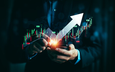 Businessman Using Smartphone to Analyze Stock Market Trends with Upward Arrow and Trading Data, Representing Financial Growth and Investment Opportunities in Modern Technology Foreign currency trading