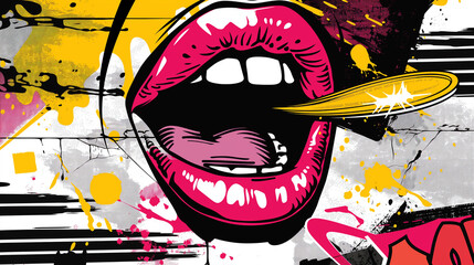Vibrant Pop Art Illustration of Pink Lips with Expressive Brush Strokes and Colorful Splashes