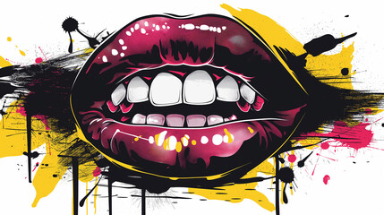 Vibrant Pop Art Illustration of Pink Lips with Expressive Brush Strokes and Colorful Splashes