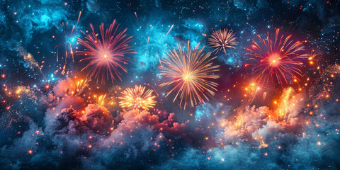 Fototapeta premium 夜空に輝く花火の背景イラスト