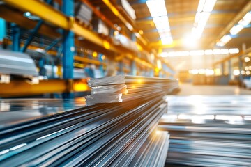 Neatly Stacked Aluminum Sheets in a Bright Warehouse Interior