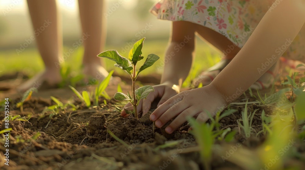 Poster a girl planting a small tree with her family in a field, signifying generational efforts to prevent 