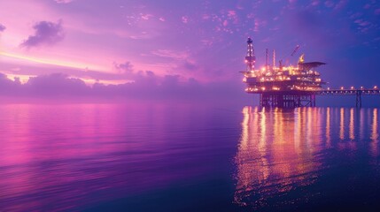 A panoramic view of an offshore oil platform at dusk, with lights reflecting on the calm water and the sky in shades of purple and pink. 