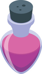 Glass flask containing a pink liquid and sealed with a cork stopper, perfect for representing potions, elixirs, or chemical solutions