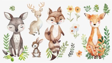 Fototapeta premium Adorable Watercolor Forest Animals and Wildlife Among Lush Greenery and Flowers