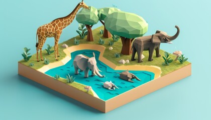 Wildlife Preservation in Triadic Color Scheme - Flat Design Top View of 3D Rendered Animals for Conservation Efforts