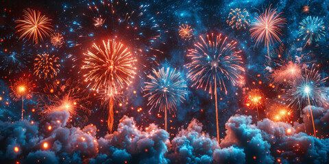 Fototapeta premium 夜空に輝く花火の背景イラスト