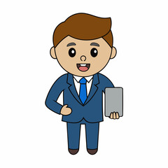 Businessman Cartoon Character Holding Tab PC on white background  