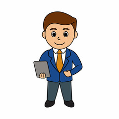 Businessman Cartoon Character Holding Tab PC on white background  