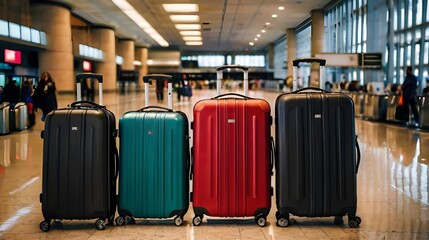 rolling luggage standing upright on the polished floor of a modern airport terminal. The terminal features large windows with a view of the tarmac and airport structures, allowing natural light to flo