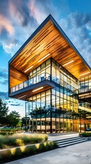Sustainable Contemporary Office Building with Wooden Facade and Glass Walls