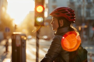 Cyclist Wearing Helmet Waiting at Traffic Light