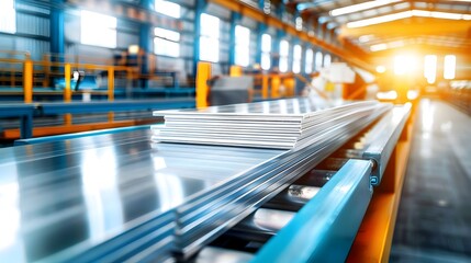 Fototapeta premium Industrial Metalwork Conveyor Belt with Aluminum Sheets for Packaging and Delivery