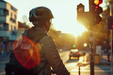 Cyclist Wearing Helmet Waiting at Traffic Light