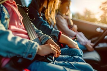 Family Buckling Up Seat Belts in Car
