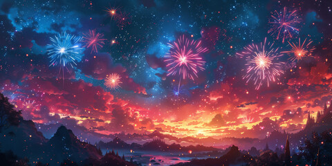 夜空に輝く花火の背景イラスト