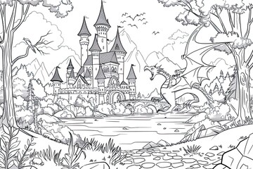 Naklejka premium Illustration of Fairy Tale Scene in Coloring Book