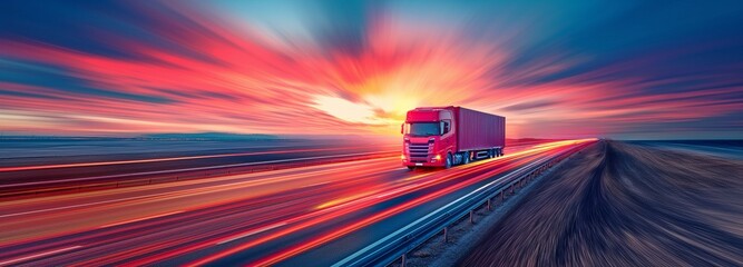 Logistics Cargo Freight Import Export Idea for Truck Transport, Aerial shot of a truck carrying a red container moving at a blurry speed along a highway at sunset