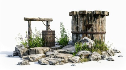 Wooden Well and Bucket on Rock Pile