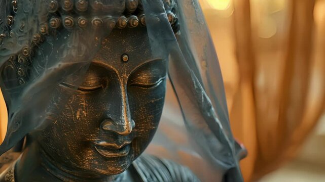 The fabric is delicately dd over a Buddha statue adding an element of spiritual reverence to the meditation space.