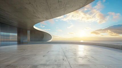 Futuristic architecture building background with empty wide space floor, concrete floor for car showing park