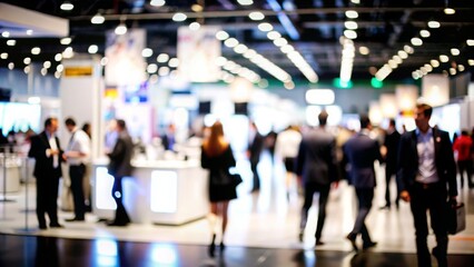 Trade Show Blur: Blurred trade show or expo with booths and visitors.
