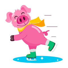 A flat style sticker of happy pig skating 

