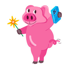 Cute cartoon style mascot of pig selfie 


