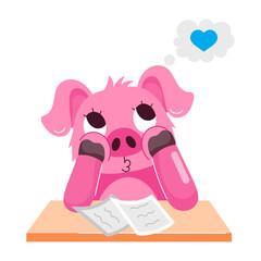 Romantic pig thinking about love, flat sticker 

