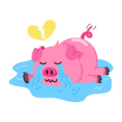 A flat style sticker of heartbroken weeping pig 

