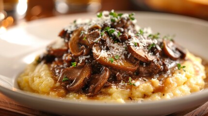 A serving of creamy polenta, topped with a savory mushroom and a sprinkle of Parmesan cheese.