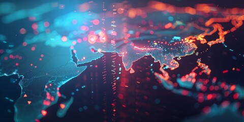 Digital World Map with Glowing Lines and Points