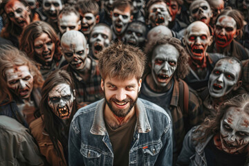 Smiling man standing among zombies, thinking differently from the brainwashed crowd