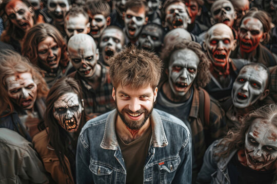 Smiling man standing among zombies, thinking differently from the brainwashed crowd