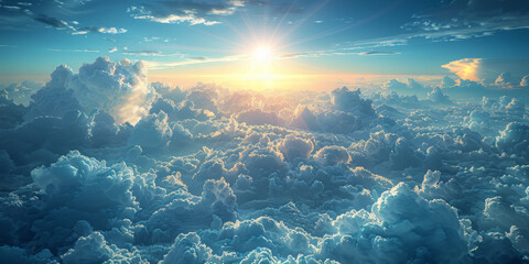 青空と太陽と雲の光輝く背景