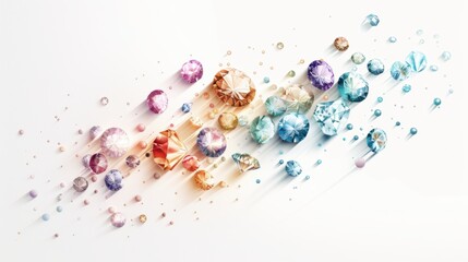 A collection of multicolored gemstones arranged artfully on a white background, showcasing their brilliance and variety in color and shape.