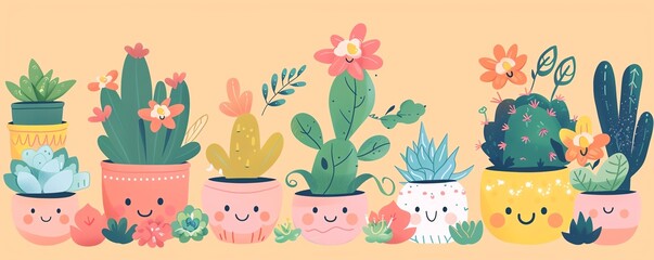 Fototapeta premium Happy gardens, kawaii plants, cartoon flowers, cute succulents, smiling trees, flat design illustration