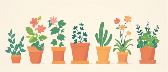 Cute gardening, potted plants, cute botanicals, floral icons, flat design illustration