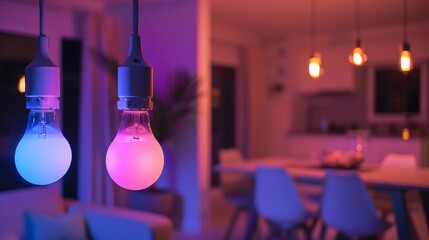 A set of smart light bulbs controlled via a smartphone app, adjusting the lighting color and intensity to create different moods in a room.