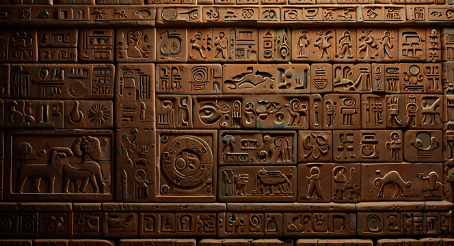 A brick wall with intricate carvings and hieroglyphs, suitable for an ancient temple or lost civilization setting.

