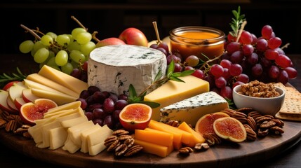 Artisanal cheese board with an assortment of cheeses and fruits