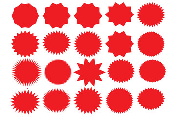 Starburst red sticker set - collection of special offer sale round and oval sunburst labels and buttons. Stickers and badges with star edges for promo advertising.