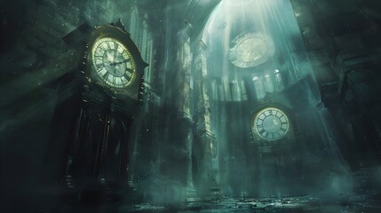 Fototapeta premium Ethereal Grandfather Clock Portals Revealing Fantastical Landscapes Within A Mystical Gothic Cathedral