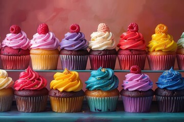Vibrant digital illustration of a tower of cupcakes.