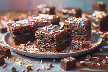Whimsical illustration of brownies dancing on a plate.