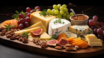 Artisanal cheese board with an assortment of cheeses and fruits