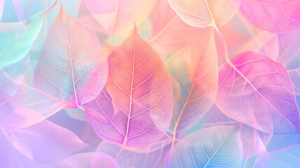 Neon natural background with transparent leaf skeletons. Background texture of pink and purple macro leaves. Eco banner